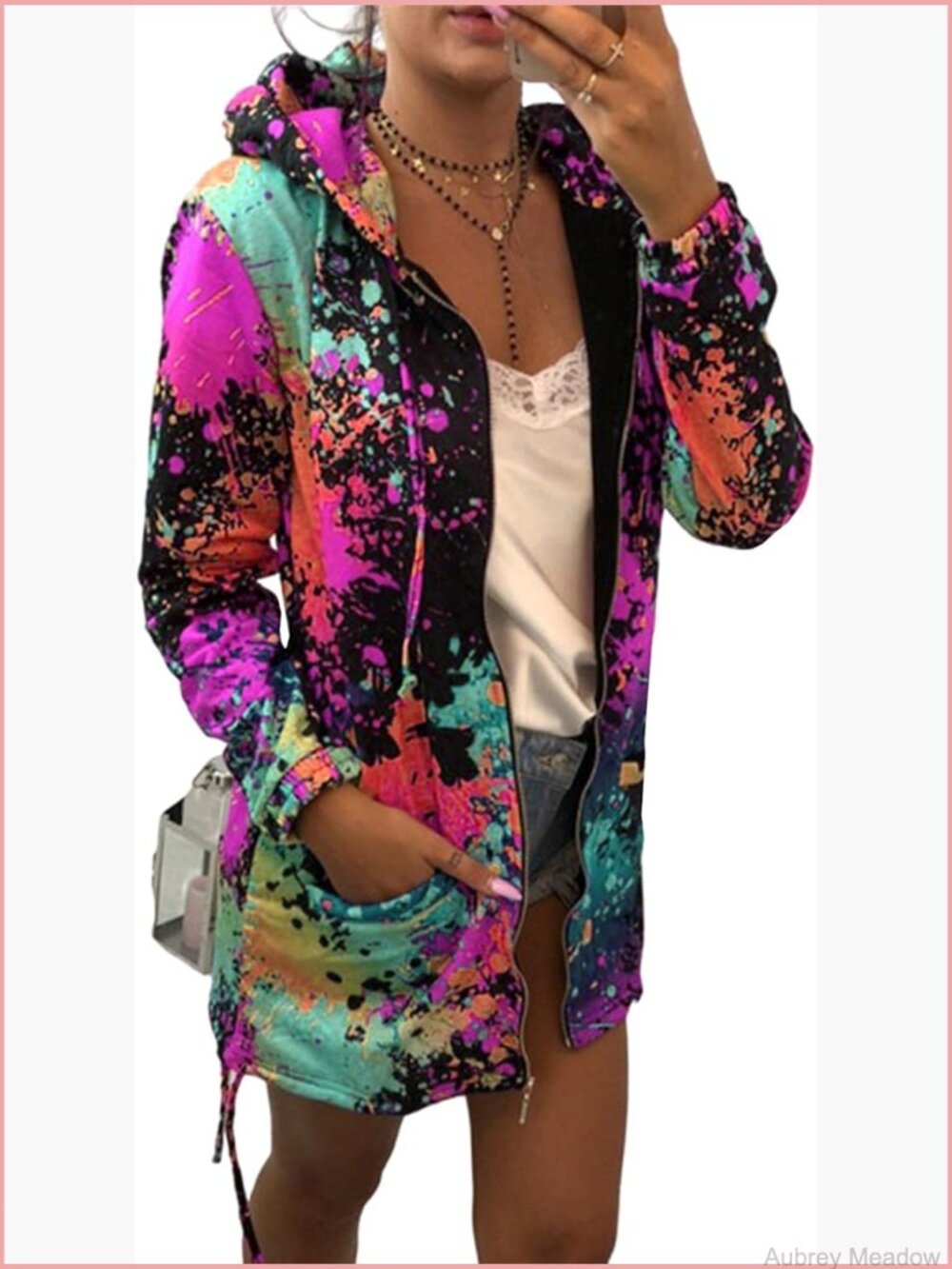 Splatter Paint Hooded Zip Up Jacket Colorful Funny Graphic Sweatshirt Cardigan